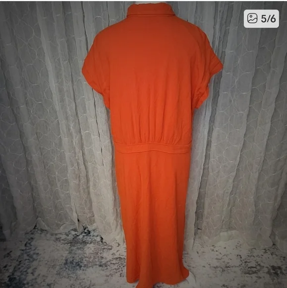 LOFT Orange Button Down Midi Dress with Waist Tie - Picture 5 of 6